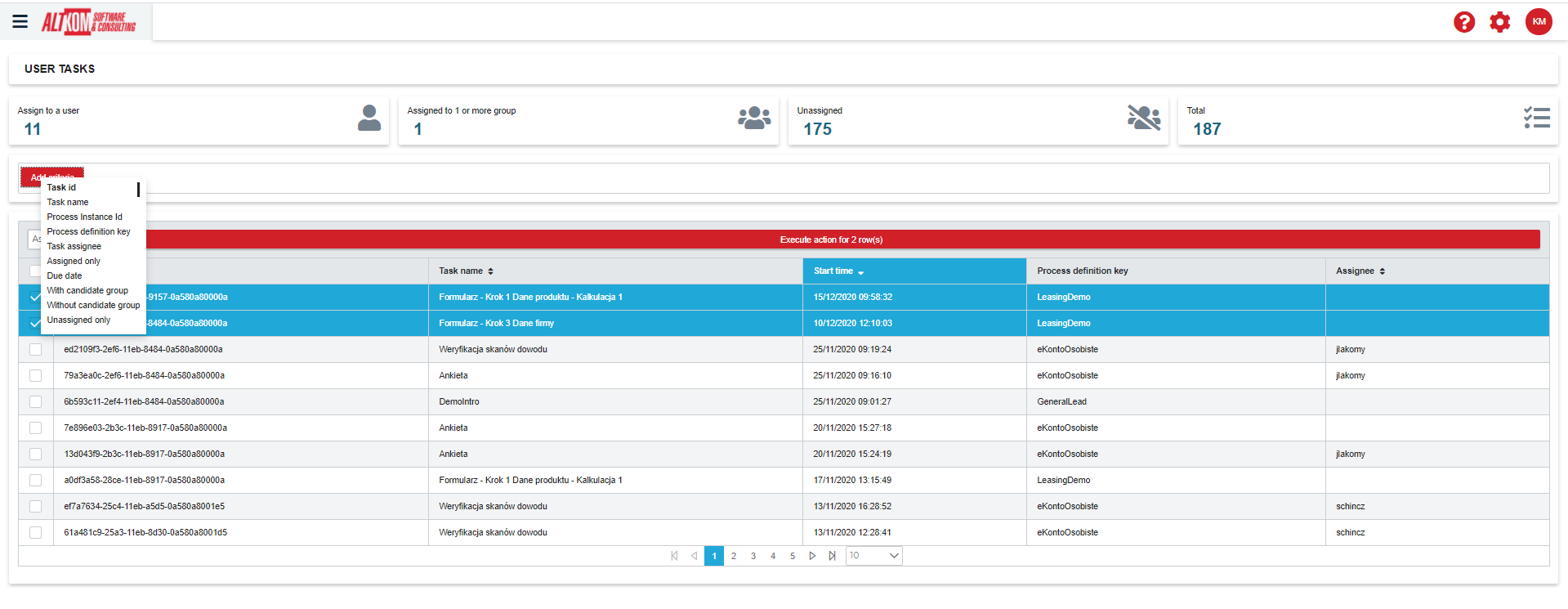 Filter and select user tasks