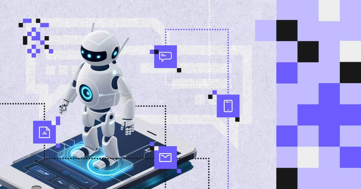 Ilustracja przedstawia humanoidalnego robota stojącego na ekranie smartfona, otoczonego ikonami wiadomości, urządzeń mobilnych i dokumentów — symbol wykorzystania AI w obsłudze klienta w aplikacjach transportowych.