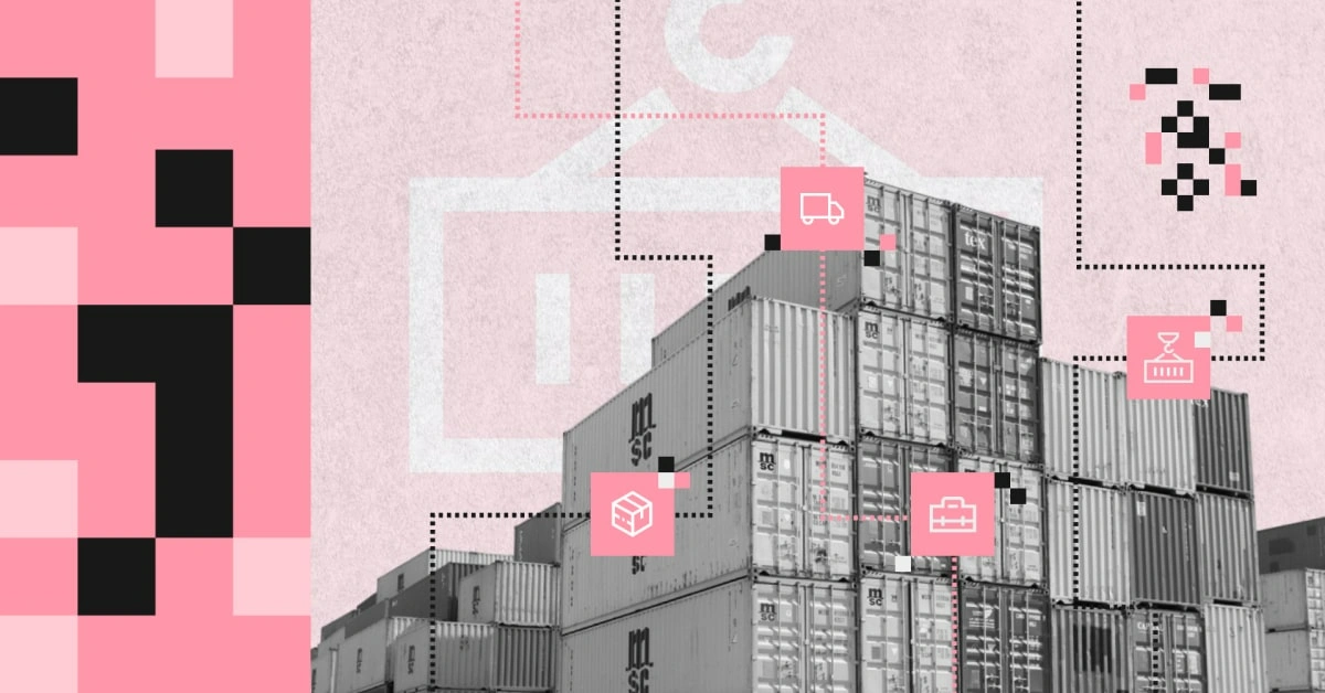 Ilustracja przedstawia stos kontenerów transportowych z ikonami symbolizującymi logistykę, ładunek, czas i prywatną sieć — wizualizacja korzyści z wdrożenia prywatnej giełdy transportowej.