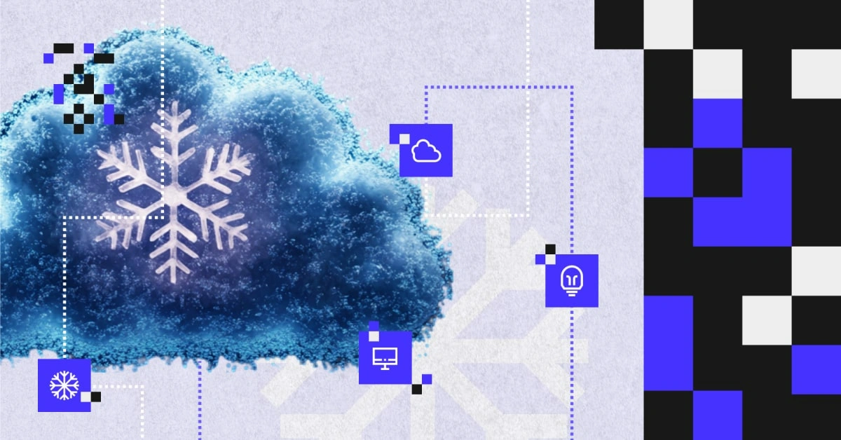 Illustration of a cloud with a snowflake symbol, surrounded by icons of data, cloud computing and innovation — symbolising Snowflake implementation and best practices in cloud data management.