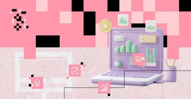 Ilustracja przedstawiająca fioletowy laptop z wykresami słupkowymi i liniowymi symbolizująca monitorowanie aktywności biznesowej (Business Activity Monitoring). Otoczony ikonami danych, procesów i analityki na tle różowo-czarnej siatki cyfrowej.