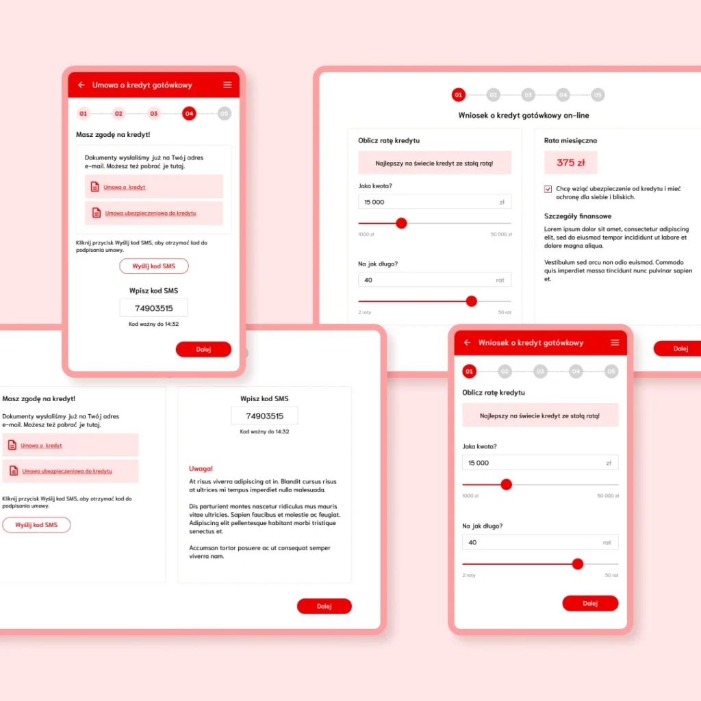 Ekran składania wniosku kredytowego online z potwierdzeniem tożsamości SMS – przykład automatyzacji procesu.