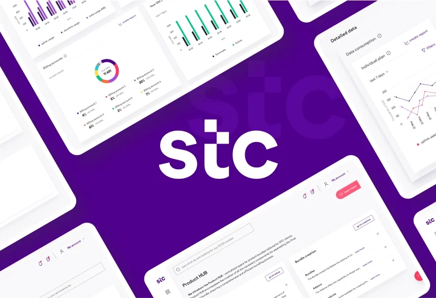 New STC platform interface shown across multiple device screens