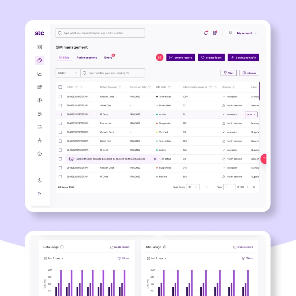 SIM management screen – redesigned STC interface