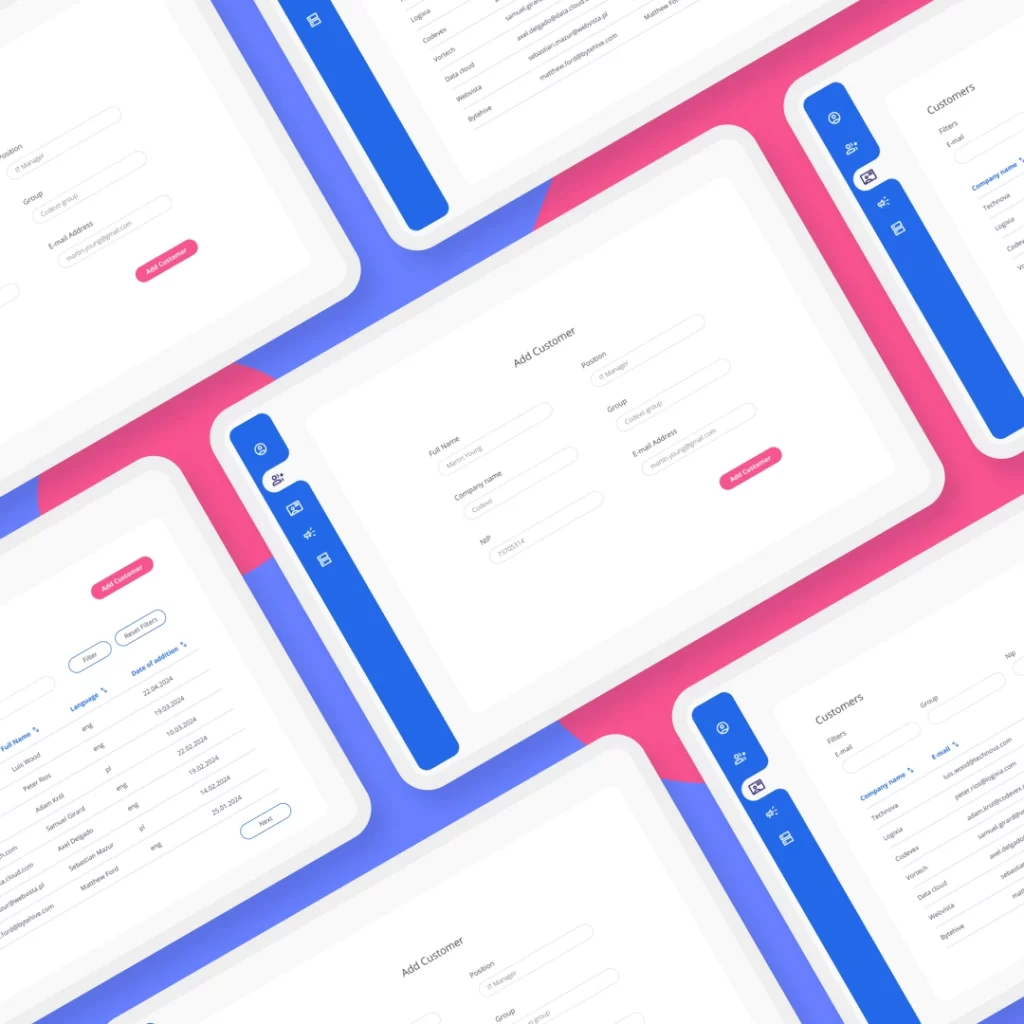 Zrzuty ekranu systemu CRM z listą klientów i formularzem – automatyzacja pozyskiwania zleceń transportowych