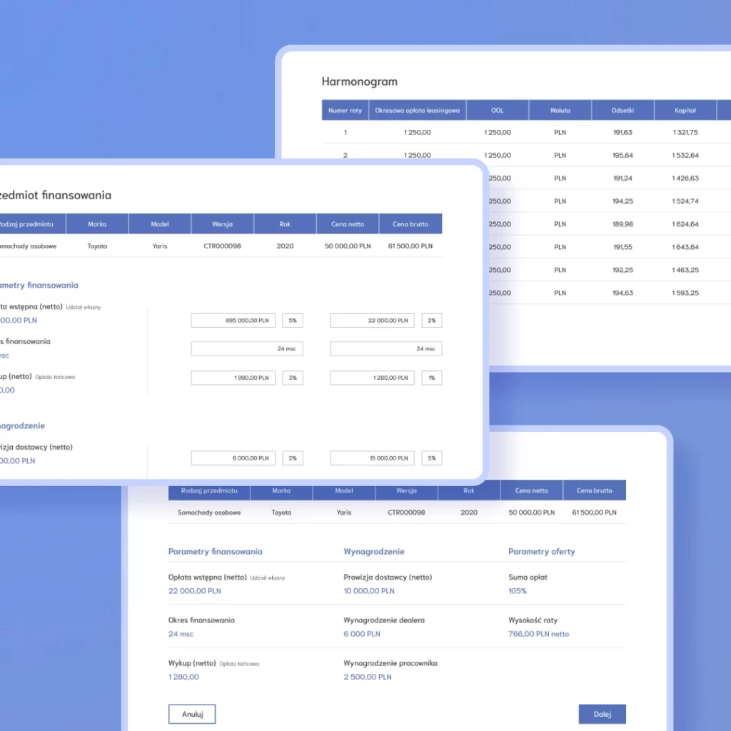 Mobile app view and cost summary from the Automatyzacja procesów leasingowych w kanale partnerskim project
